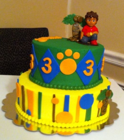 Two tier Diego theme third birthday cake.JPG