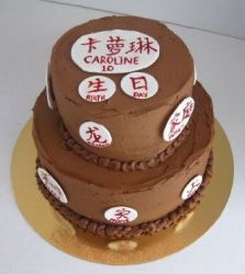 Chocolate birthday cake with Chinese characters and writing.JPG
