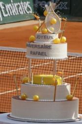 Rafael Nadal 27th Birthday Cake with 4 tiers and tennis decor at the French Open 2013.JPG