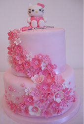Pink two tiers Hello kitty cat with floral cake decors with Hello Kitty cake topper.PNG