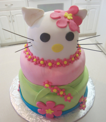 Three tiers Hello Kitty cake with big cat head cake decor.PNG