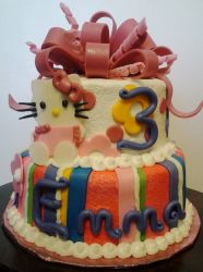 Two tier Hello Kitty 3rd birthday cake with pink bow on top.JPG