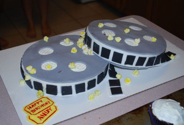 Movie reels and popcorn birthday cake.JPG