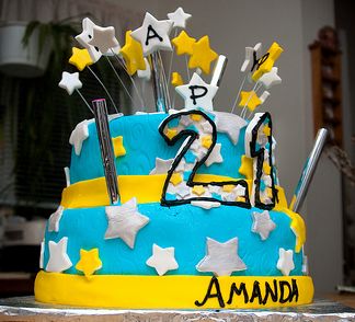 Two tier 21st birthday cake with white stars.JPG