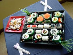 Mini sushi cakes in a box plate.JPG