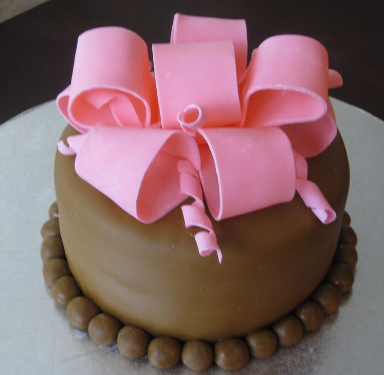 Chocolate fondant cake with pink bowtie.JPG