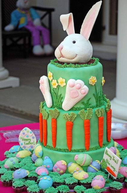 Easter bunny cake with Easter eggs surrounding.JPG