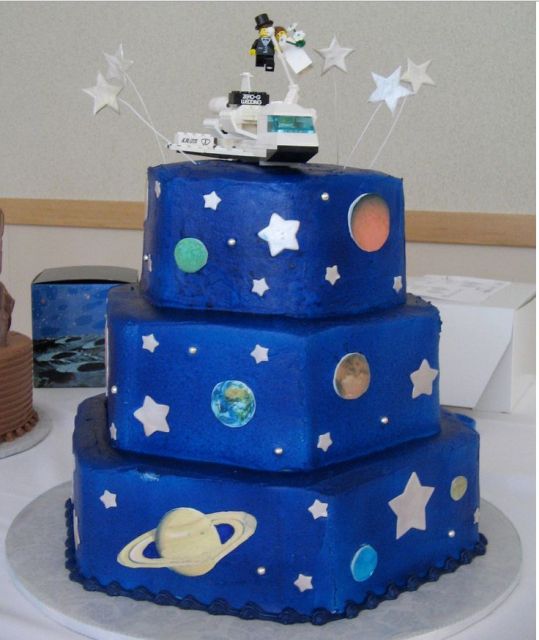 Three tier Lego block theme blue wedding cake.JPG