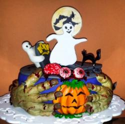 Halloween Cake with Ghosts Frankenstein Hands Eyeballs Pumpkin Witch & More.JPG