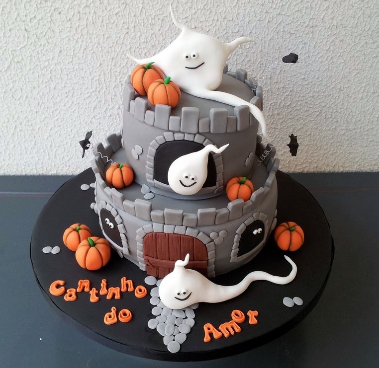 Ghosts in Castle Halloween Cake with mini-Pumpkins.JPG