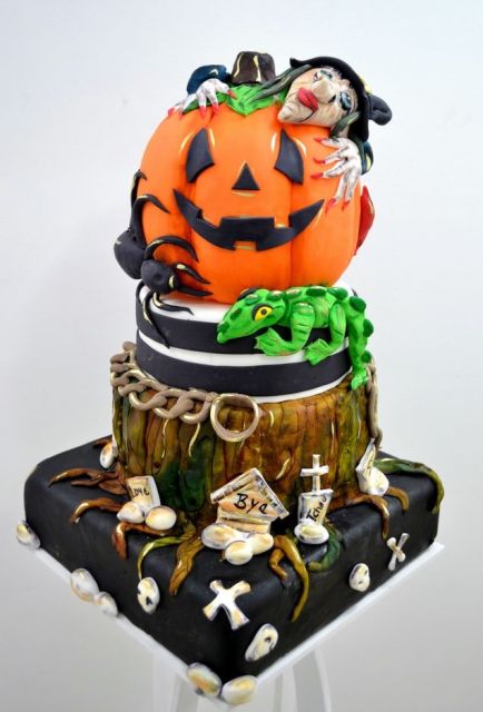 Witch Hugging Pumpkin 3 Tier Halloween Cake Very Detailed.JPG