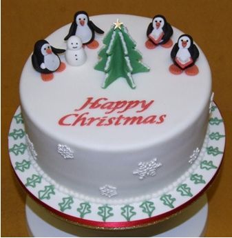 Christmas Cake with penguins with Christmas tree and snowman.JPG