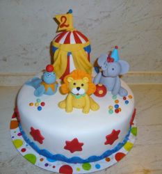 Circus Theme Cake for Second Birthday with Tent Lion Seal & Elephant.JPG