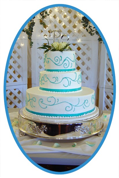 three tier wedding with blue lines