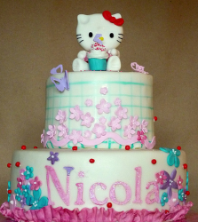 Fany Hello kitty cakes in two tiers with pretty cake decor.PNG