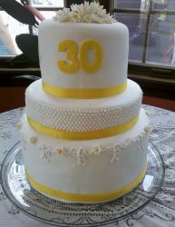 30th Wedding Cake for Woman in 3 Round White Tiers with Flowers on top.JPG