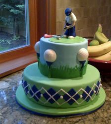 Golf Theme Birthday Cake in 2 Tiers with Golfer putting on top & plaid sweater pattern on bottom.JPG