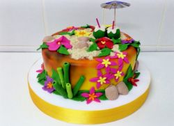 Hawaiian Theme Cake with Sand Shells Coconuts & Bamboo.JPG