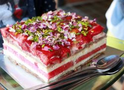 Watermelon Cake with Strawberries and Flower Petals on top.JPG
