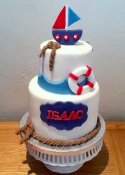 Sailboat Theme 2 Tier White Birthday Cake with Rope, Knots & Life Ring.JPG
