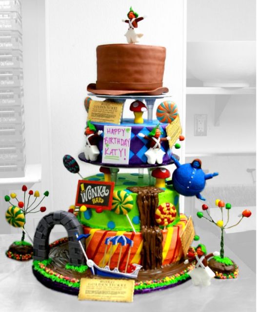 Four tier fancy Wonka Factory Golden Ticket birthday cake.JPG