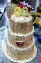 Gold Dusted 3 tier 60th Birthday Cake with Superman Sign.JPG