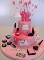 Pink 12th birthday cake in makeup and shopping theme.JPG