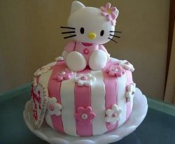 Cute Pink Striped Round Hello Kitty Cake with Heart.JPG