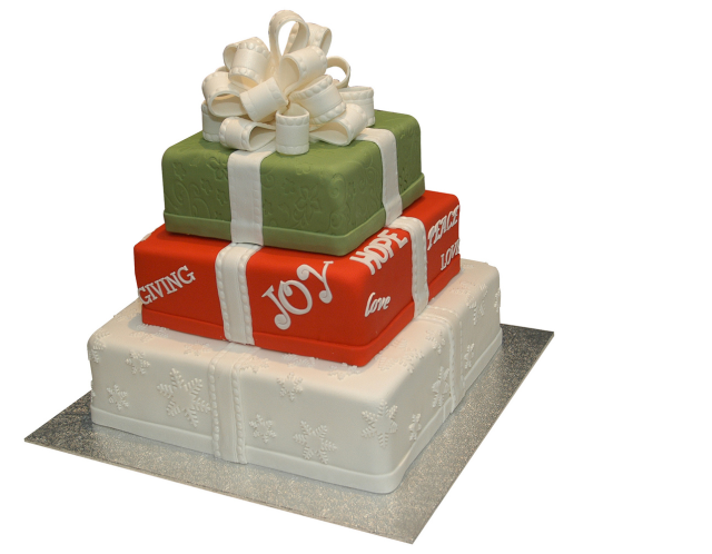 3 Tier Christmas Presents Cake in white, red and green.PNG