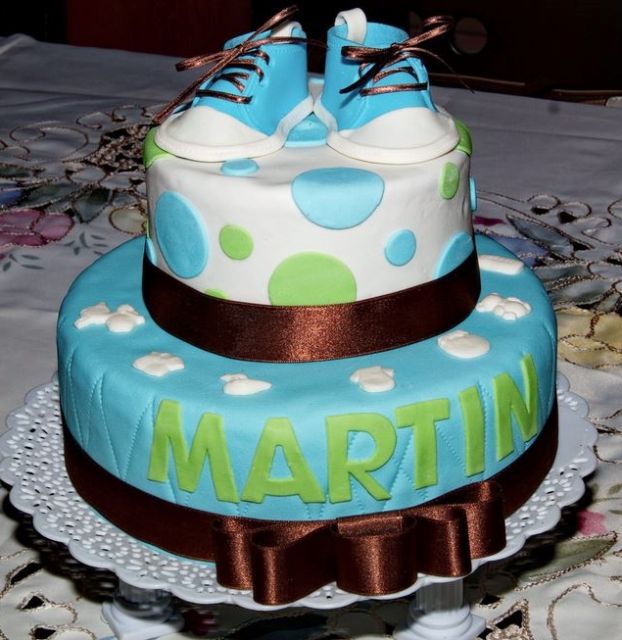 Baby Booties 2 Tier Baby Shower Cake In Blue White Jpg