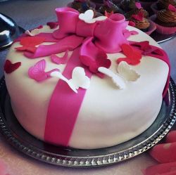 Round White Cake with Pink Bow & Butterflies on Top.JPG