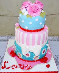 3 Tier Colorful Birthday Cake with Bow Tie & Pink Flowers for Women.JPG