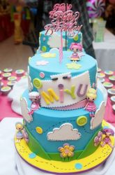 Cute 2 Tier Blue Doll Theme Birthday Cake for Girls with Clouds & Buttons.JPG
