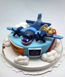 Shark Mouth Twin Propeller Airplane Cake with Clouds.JPG