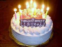 White Round Japanese Birthday Cream Cake with Lit Candles.JPG