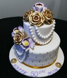 50th Birthday Cake for Woman with Gold Roses & Pearl Necklaces.JPG