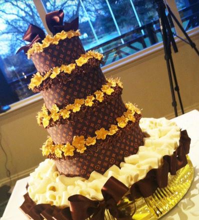 LV wedding cake with gold flowers pictures.JPG