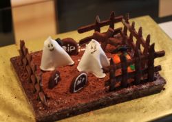 Chocolate spooky cake halloween with ghosts in grave yard.JPG