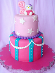 Two tier Hello Kitty fancy cake in hot pink and light pink with cute Hello Kitty cake topper.PNG