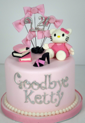 Goodbye cake with beautiful hello kitty cake with hello kitty cake topper, shoe cake topper and books cake topper.PNG
