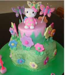 Girls hello birthday cake with flowers and butterflies and hello kitty topper in pink.PNG
