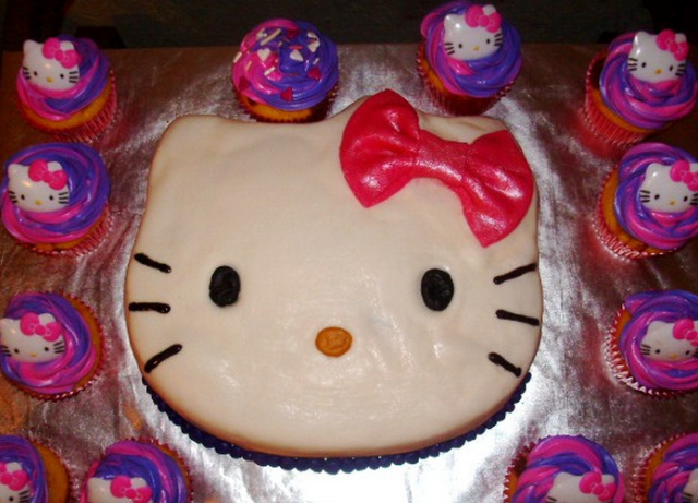 Hello kitty face birthday cake with large red bow.PNG