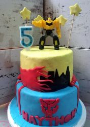 Transformer Theme 2 Tier Birthday Cake with Autobot Bumblebee on Top.JPG
