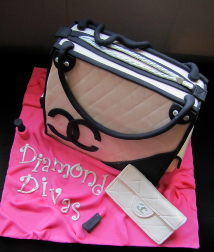 Birthday Chanel purse cake with black patterns and Chanel lipstick cake.PNG