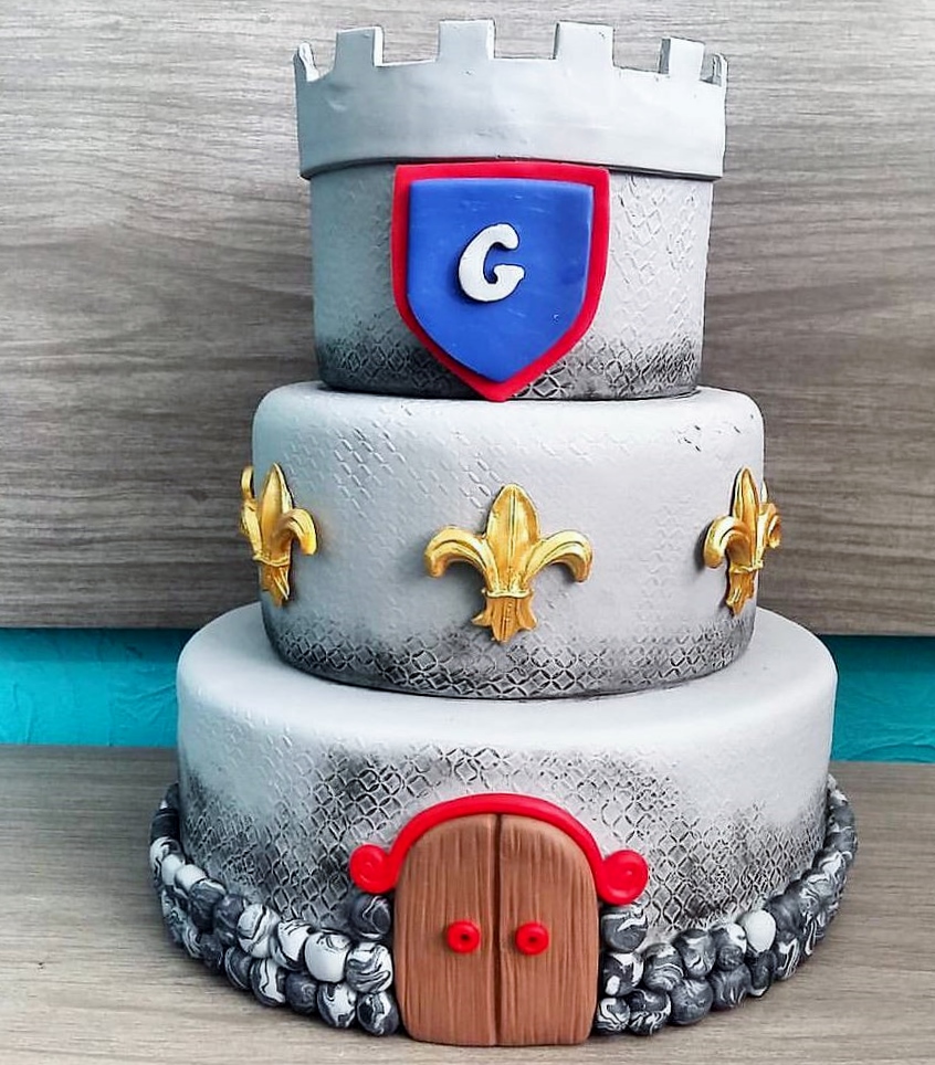 Castle Theme 3 Tier Birthday Cake with Monogram Shield.JPG