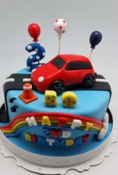 Car Toy Theme Blue Birthday Cake with Rainbow for Two Year-Old Boy.JPG
