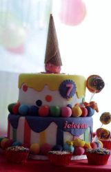 7th Birthday Cake with Ice Cream Cone Topper & Cupcakes.JPG