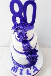 80th Birthday Cake in 3 Tiers with Large Numerals Topper & Cascading Purple Flowers.JPG