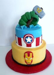 Avengers Theme Cake with Hulk Hand Thor's Hammer Captain America Shield & Ironman Mask.JPG