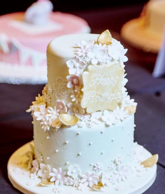 Two Tier Happy Birthday Cake with Floral Theme.JPG